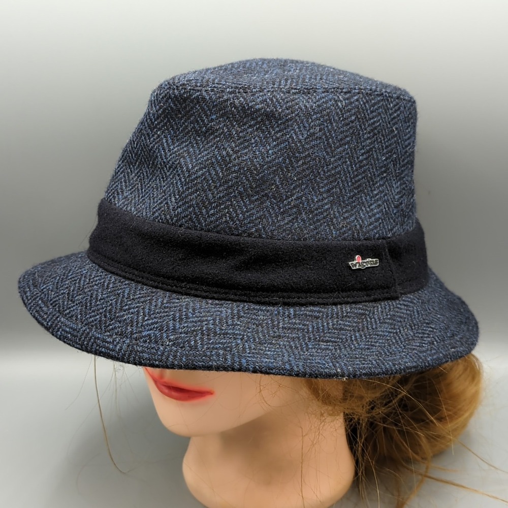 Wigens Coen 100% Wool Fedora Hat Blue Herringbone Size 59 Made in Estonia